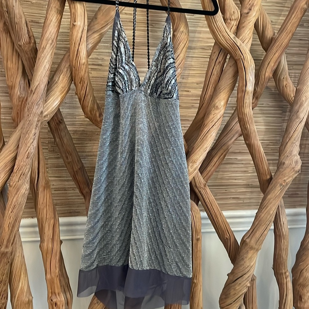 Uli Herzner gray silver beaded slip dress size XS 0 vintage project runway RARE